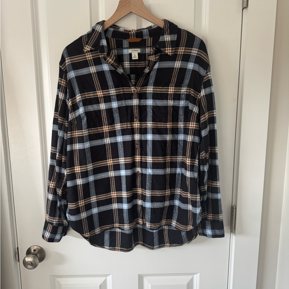 L.L. Bean Black Plaid Button-Down Shirt with Blue and Tan Stripes